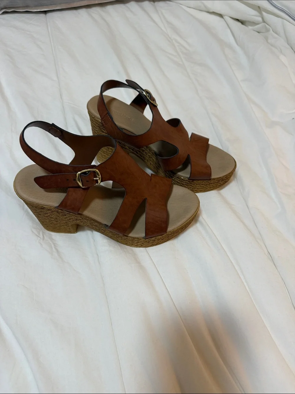 Womens Brown Leather Slingback Wedge Sandals